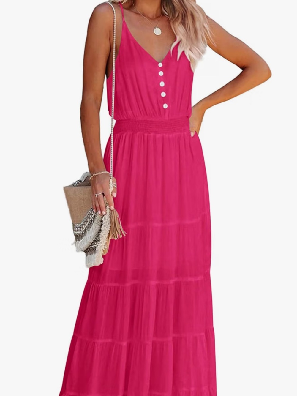 Sleeveless Hot Pink V-Neck Maxi Dress with Button Accents